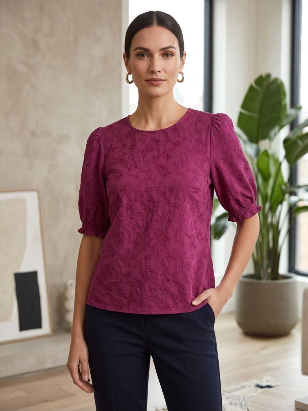 Ted Baker Floral Textured Puff Sleeve Blouse Women’s XL Purple Magenta Jacquard